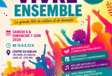 Colorful festival poster for 'Festival Vivre Ensemble' announcing free entry, June 6–7, 2026, 3–11pm at Centre du Sablon, Laval QC, with family-friendly activities and diverse culture.