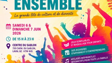 Colorful festival poster for 'Festival Vivre Ensemble' announcing free entry, June 6–7, 2026, 3–11pm at Centre du Sablon, Laval QC, with family-friendly activities and diverse culture.