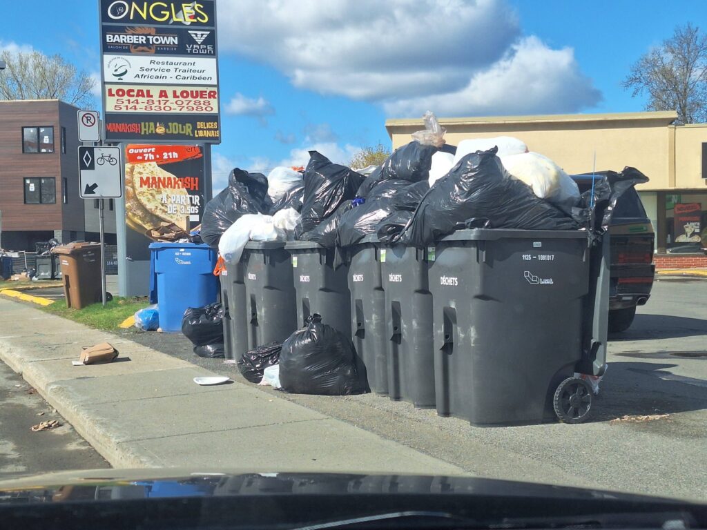 Row of black garbage bins overflowing with plastic bags in a parking lot beside a storefront sign.
