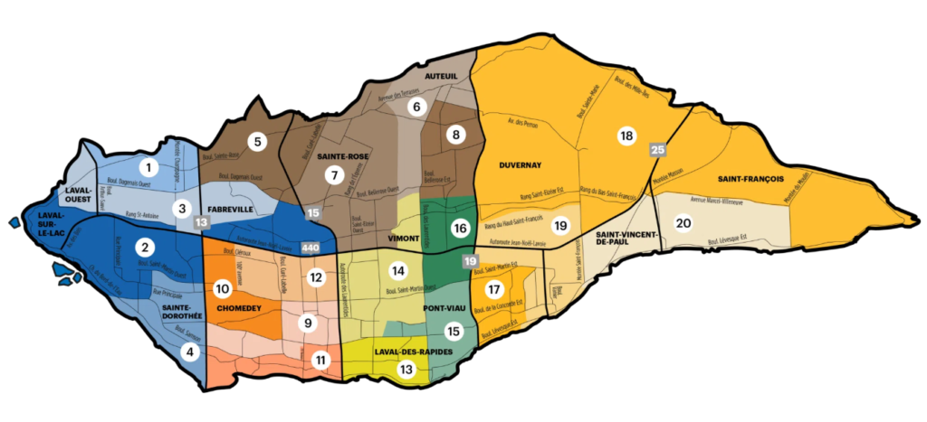 Color-coded map of Laval, Quebec, showing districts 1–20 with bold borders and street names.