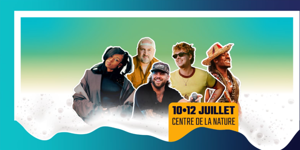 Festival poster showing five musicians against a gradient background, with dates 10–12 Juillet and Centre de la Nature.