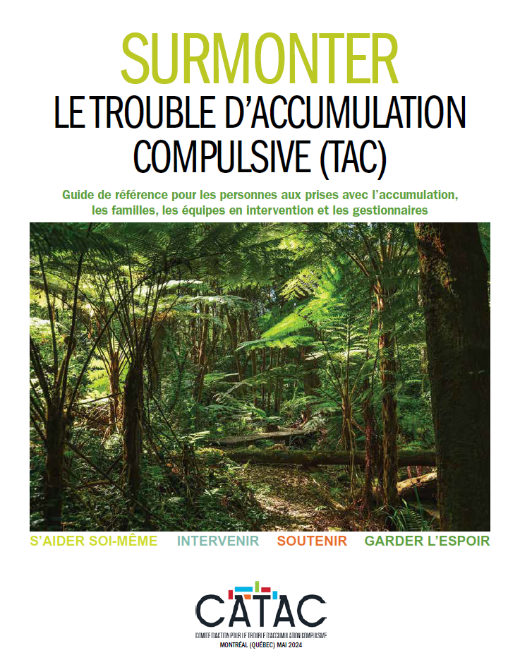 Poster promoting overcoming compulsive hoarding (TAC); green forest image with French title above and CATAC logo below, 2024 Montréal‑Québec.