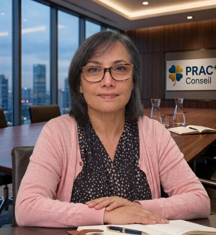 Professional woman with glasses seated at a conference table in a meeting room, PRACT Conseil sign in background.