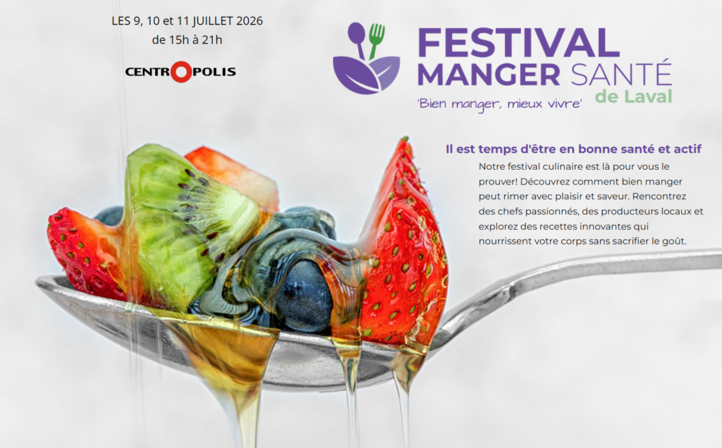 Festival manger Santé Laval Média Laval Spoon holding colorful fruit slices with a banner for Festival Manger Santé de Laval and event dates (French).