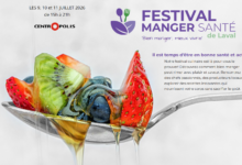 Spoon holding colorful fruit slices with a banner for Festival Manger Santé de Laval and event dates (French).