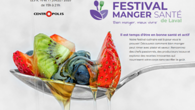 Spoon holding colorful fruit slices with a banner for Festival Manger Santé de Laval and event dates (French).