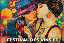 Vibrant festival poster for Festival des Vins et Spiritueux de Laval, shows a couple kissing with a wine glass; bold white text announces the event and dates (July 2–4, 2026, 3:00–9:00 PM) with contact info at the bottom: www.festivaldesvins.com, info@festivaldesvins.com.