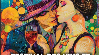 Vibrant festival poster for Festival des Vins et Spiritueux de Laval, shows a couple kissing with a wine glass; bold white text announces the event and dates (July 2–4, 2026, 3:00–9:00 PM) with contact info at the bottom: www.festivaldesvins.com, info@festivaldesvins.com.