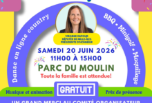 Affiche: Fête de fin d'année de Saint-François avec photo de Virginie Dufour; samedi 20 juin 2026, 11h00–15h00, Parc du Moulin; entrée gratuite; animation musicale et activités familiales; logos des organisateurs.