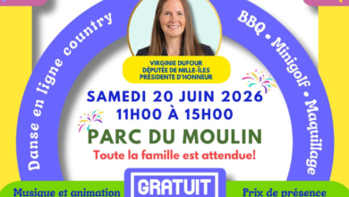 Affiche: Fête de fin d'année de Saint-François avec photo de Virginie Dufour; samedi 20 juin 2026, 11h00–15h00, Parc du Moulin; entrée gratuite; animation musicale et activités familiales; logos des organisateurs.