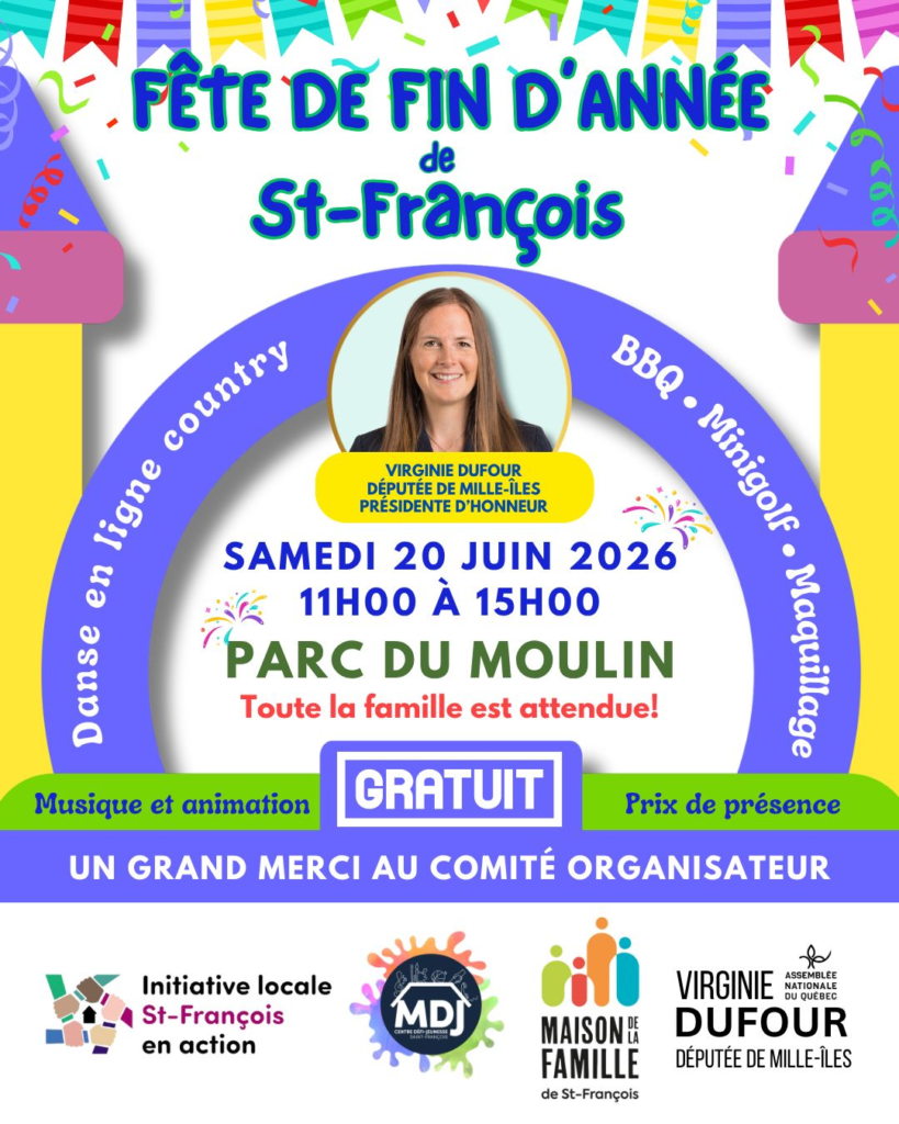 Fête de fin d'année StFrançois Média Laval Affiche: Fête de fin d'année de Saint-François avec photo de Virginie Dufour; samedi 20 juin 2026, 11h00–15h00, Parc du Moulin; entrée gratuite; animation musicale et activités familiales; logos des organisateurs.
