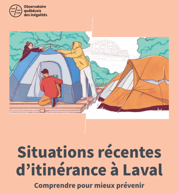 Cover image: camping scene (two tents) for a report on recent homelessness in Laval; logo of Observatoire québécois des inégalités top left.