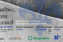 Poster for Quebec, Terre d'Accueil: exhibition of monumental sculptures, May 21–Sept 4, Laval (Denis Leclerc commissaire) with sponsor logos at bottom.