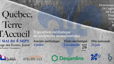 Poster for Quebec, Terre d'Accueil: exhibition of monumental sculptures, May 21–Sept 4, Laval (Denis Leclerc commissaire) with sponsor logos at bottom.