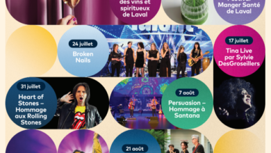 Affiche promotionnelle des Rendez‑vous d’été 2026 à Laval, avec des photos circulaires d’artistes et les dates des événements et festivals.