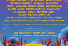 Festival MOSAIQUE poster: free admission, Aug 13–15, 2026, Centropolis Laval, with artist lineup and colorful gradient design.