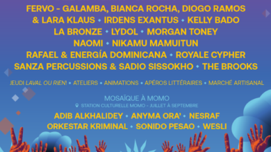 Festival MOSAIQUE poster: free admission, Aug 13–15, 2026, Centropolis Laval, with artist lineup and colorful gradient design.