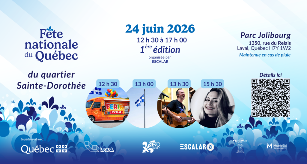 Event poster for Fête nationale du Québec in Sainte-Dorothée, June 24, 2026, 12:30–17:00, 1ère édition, Parc Jolibourg, Laval.