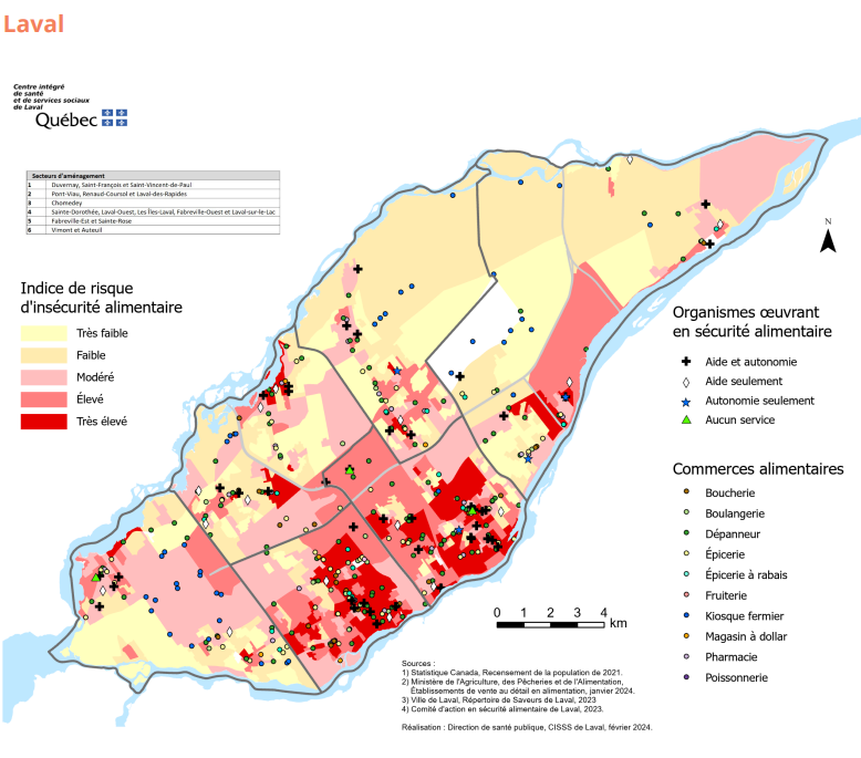 Map of Laval Island showing food insecurity risk by area (color gradient) with symbols for nutrition aid and other services, plus food retail locations.