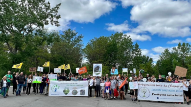 Group of diverse people holding environmental protest banners and signs outdoors on a sunny day with trees in the background.