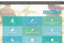 Page d'accueil Santé Québec Laval avec une grille de services colorée présentant Carrières, Prélèvements et autres ressources de santé publique (GAMF, vaccination, conseils).