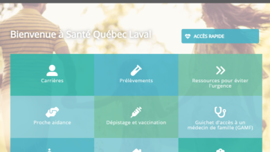 Page d'accueil Santé Québec Laval avec une grille de services colorée présentant Carrières, Prélèvements et autres ressources de santé publique (GAMF, vaccination, conseils).