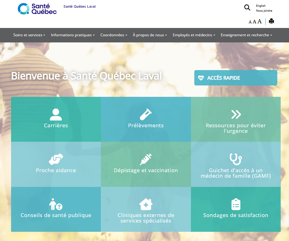 Page d'accueil Santé Québec Laval avec une grille de services colorée présentant Carrières, Prélèvements et autres ressources de santé publique (GAMF, vaccination, conseils).