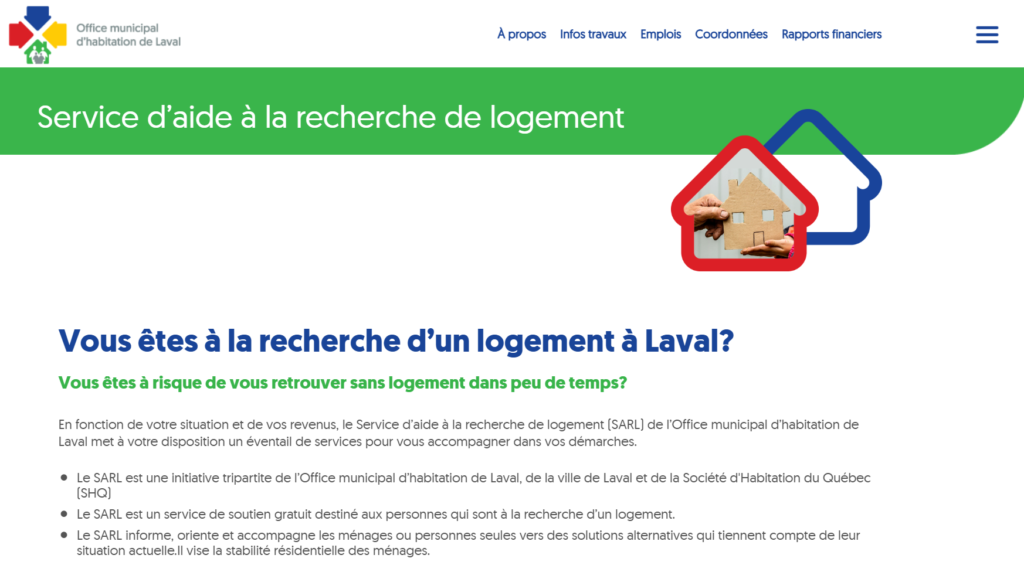 Hero banner for the Service d'aide à la recherche de logement with the Laval housing logo, a green header stripe, and overlapping red and blue house icons