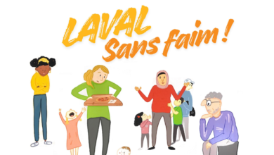 Cover of the regional plan titled 'PLAN D’ACTION RÉGIONAL 2025-2030' with the words 'LAVAL sans faim!' and diverse people standing together, depicting a community effort to end hunger.