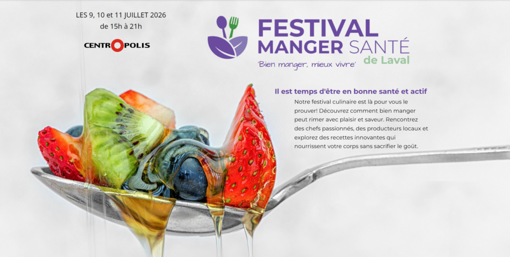 image Média Laval Promotional banner for Festival Manger Santé de Laval featuring a spoonful of fruit (strawberry, kiwi, blueberry) and the event logo.