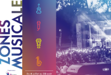 Poster announcing the Zones Musicales festival: vertical title on the left, colorful instrument icons in the middle, and a nighttime outdoor concert crowd on the right, with dates July 4 to August 23 and note of 40 free open-air shows.