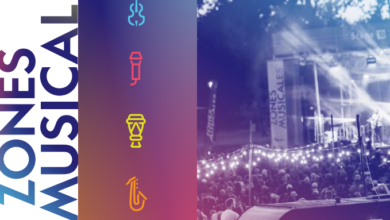 Poster announcing the Zones Musicales festival: vertical title on the left, colorful instrument icons in the middle, and a nighttime outdoor concert crowd on the right, with dates July 4 to August 23 and note of 40 free open-air shows.