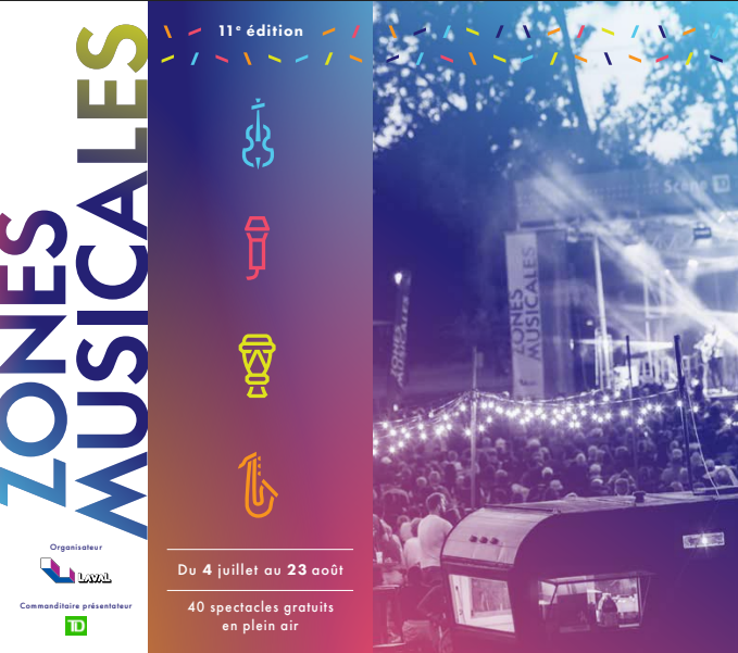 Poster announcing the Zones Musicales festival: vertical title on the left, colorful instrument icons in the middle, and a nighttime outdoor concert crowd on the right, with dates July 4 to August 23 and note of 40 free open-air shows.