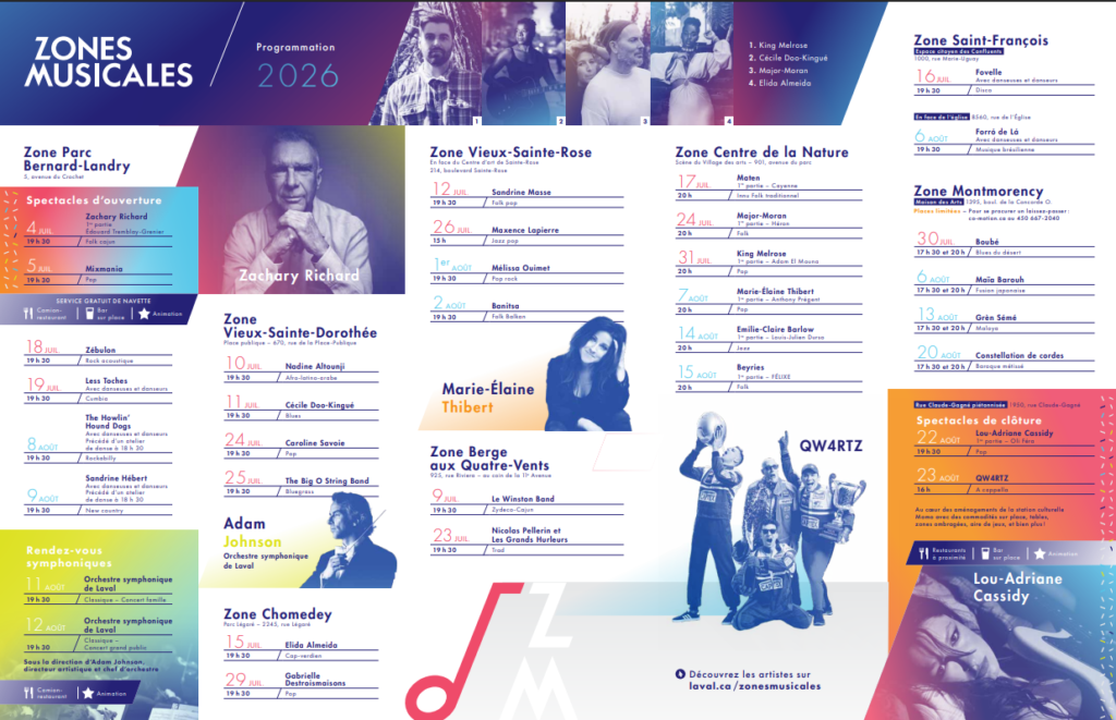 Colorful Zones Musicales 2026 festival poster with artist photos, venue names, and a multi-column schedule of dates and performances.