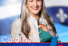 Campaign poster for Caroline De Guire, Liberal Party of Quebec, Laval-des-Rapides district; vote date October 5, 2026.
