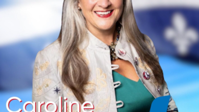 Campaign poster for Caroline De Guire, Liberal Party of Quebec, Laval-des-Rapides district; vote date October 5, 2026.