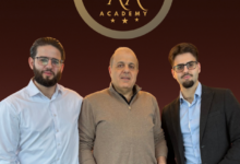 Three men stand in front of a gold ADDAS Academy crest on a burgundy gradient background.