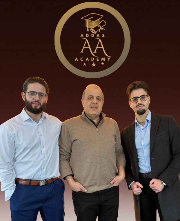 Three men stand in front of a gold ADDAS Academy crest on a burgundy gradient background.