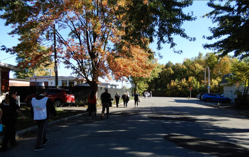image Média Laval Group of people walking down a suburban street on a sunny day; autumn trees line the road.