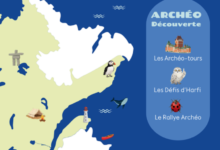 Illustrated coast map with a lighthouse and penguin; a blue rounded panel on the right lists Archeo Découverte tours and the site moisdelarcheo.com.