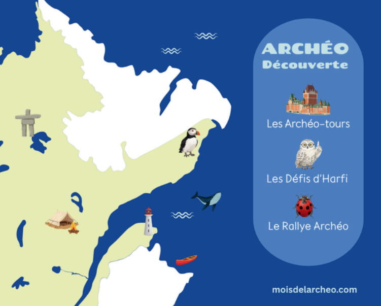 Illustrated coast map with a lighthouse and penguin; a blue rounded panel on the right lists Archeo Découverte tours and the site moisdelarcheo.com.
