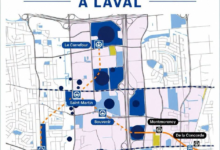 Map of the proposed Laval metro extension with stations (Le Carrefour, Saint-Martin, Souvenir, Montmorency, De la Concorde, Curé-Labelle, Chomedey) and blue/orange transit routes.
