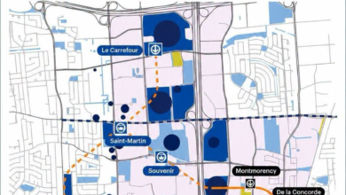 Map of the proposed Laval metro extension with stations (Le Carrefour, Saint-Martin, Souvenir, Montmorency, De la Concorde, Curé-Labelle, Chomedey) and blue/orange transit routes.