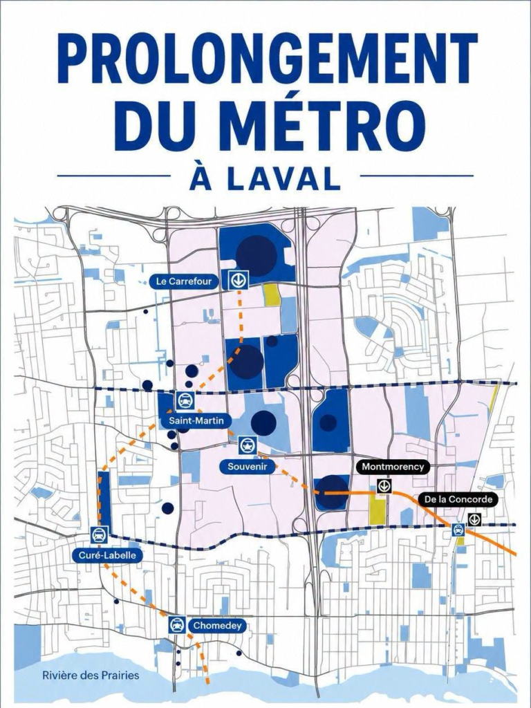 Map of the proposed Laval metro extension with stations (Le Carrefour, Saint-Martin, Souvenir, Montmorency, De la Concorde, Curé-Labelle, Chomedey) and blue/orange transit routes.