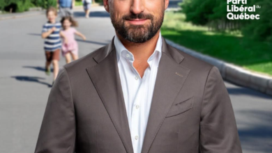 Portrait of a man in a gray suit facing the camera in an outdoor park setting, with the Parti Libéral du Québec logo visible on the right.