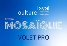 Blue gradient poster announcing Laval culture Mosaic Festival with large MOSAIQUE title and 'VOLET PRO' at bottom.