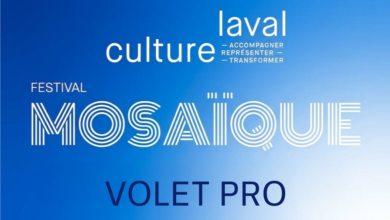 Blue gradient poster announcing Laval culture Mosaic Festival with large MOSAIQUE title and 'VOLET PRO' at bottom.