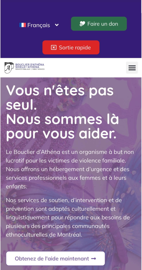 Bouclier d'athéna nouveau site internet Média Laval Hero section with purple background: language selector, green 'Faire un don' button, red 'Sortie rapide' button, logo, large French message 'Vous n'êtes pas seul. Nous sommes là pour vous aider.' and CTA 'Obtenez de l'aide maintenant'.