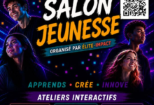 Poster for Salon Jeunesse by Élite-Impact featuring diverse smiling youths, bold white/orange title, QR code on the right, and three program cards for Opération Vérité, IA Responsable, and Détective Anti-Arnaques.