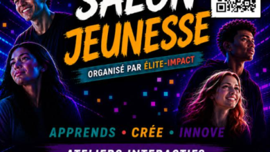Poster for Salon Jeunesse by Élite-Impact featuring diverse smiling youths, bold white/orange title, QR code on the right, and three program cards for Opération Vérité, IA Responsable, and Détective Anti-Arnaques.
